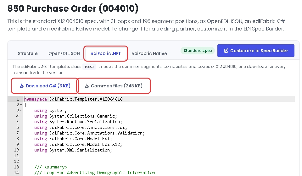 The Download C# and Common files buttons on the ediFabric .NET tab of a transaction in the EDI spec library